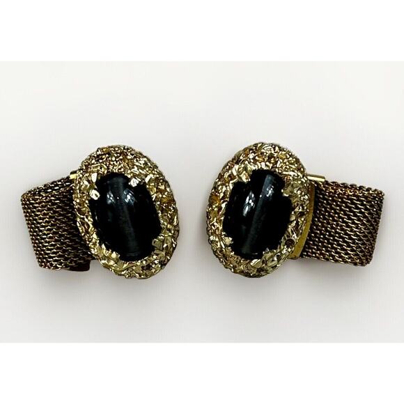 Vintage Gold Tone Black Onyx Wrap Around Mesh Cufflinks- Anson Cuff Links - Picture 1 of 10